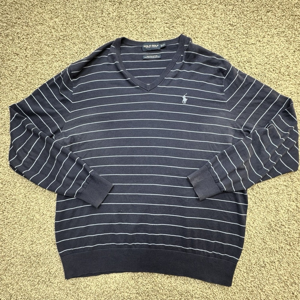 Polo Ralph Lauren Sweater XL Navy Blue Striped VNeck Pima Cotton Preppy Pullover